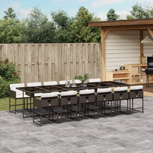 Ensemble à manger de jardin avec coussins 13 pcs marron rotin
