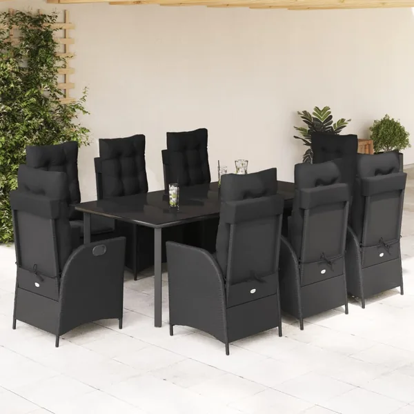 Ensemble à manger de jardin 9pcs coussins noir résine tressée