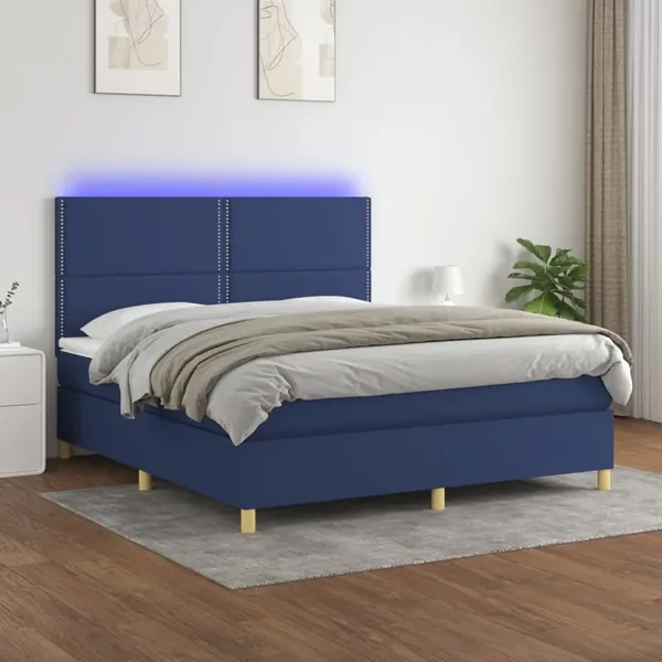 Sommier à lattes de lit et matelas et LED Bleu 180x200 cm Tissu