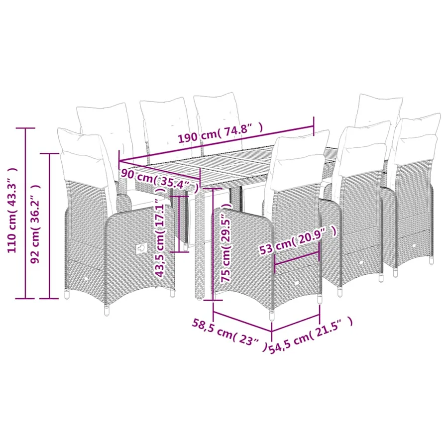 Ensemble de bistro de jardin 9 pcs coussins gris poly rotin - 7