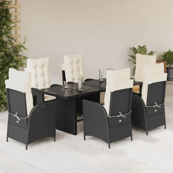 Ensemble à manger de jardin coussins 7pcs Noir Résine tressée