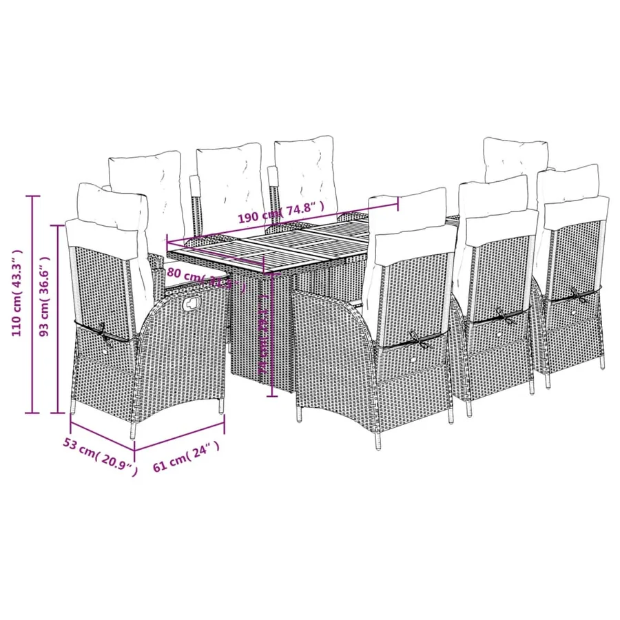 Ensemble à manger de jardin 9pcs coussins noir résine tressée - 12