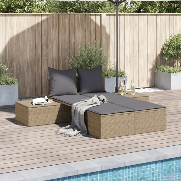Chaise longue double avec coussins beige résine tressée