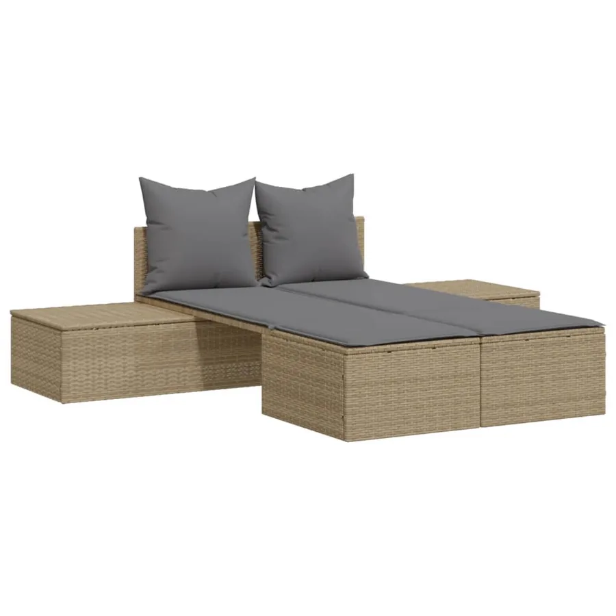 Chaise longue double avec coussins beige résine tressée - 2