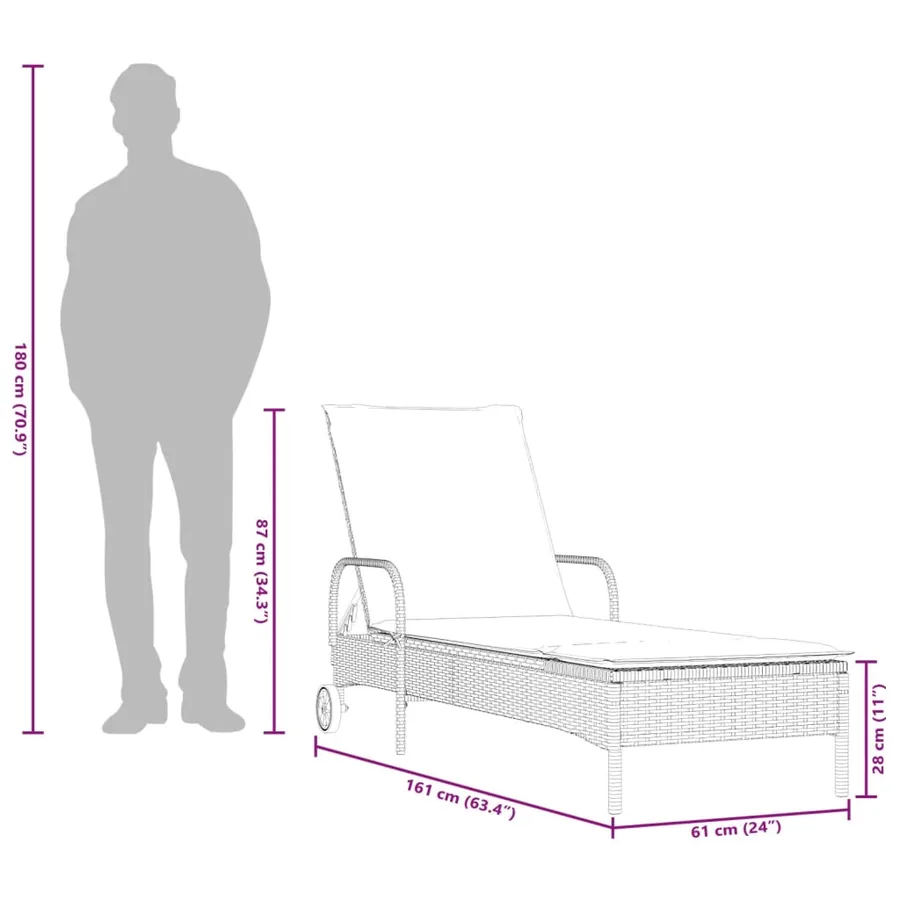 Chaise longue avec roues et coussin gris résine tressée - 11