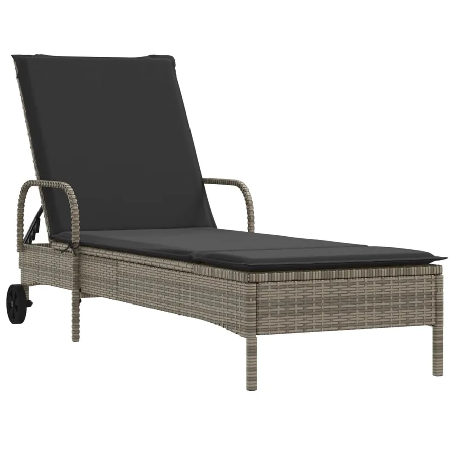 Chaise longue avec roues et coussin gris résine tressée - 2