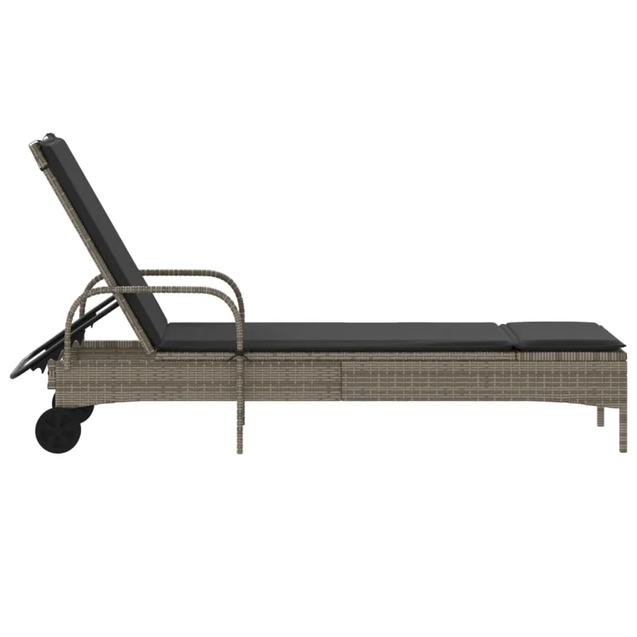 Chaise longue avec roues et coussin gris résine tressée - 5