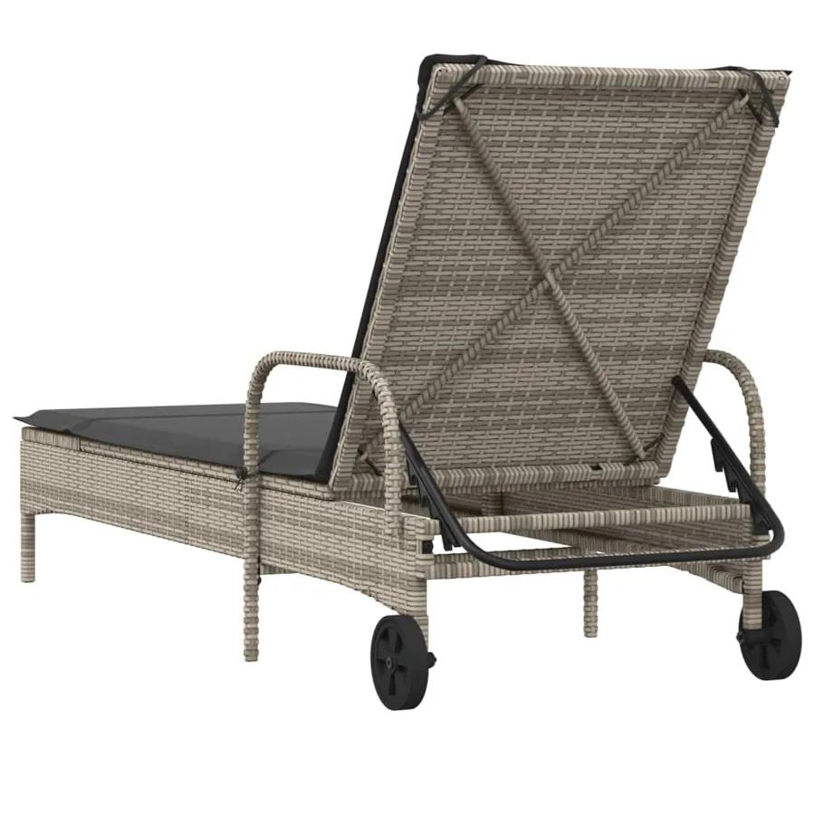 Chaise longue avec roues et coussin gris résine tressée - 6