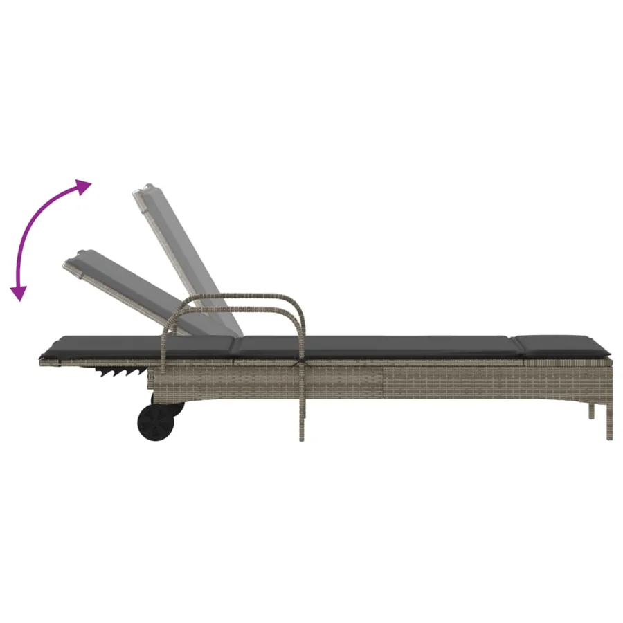 Chaise longue avec roues et coussin gris résine tressée - 7