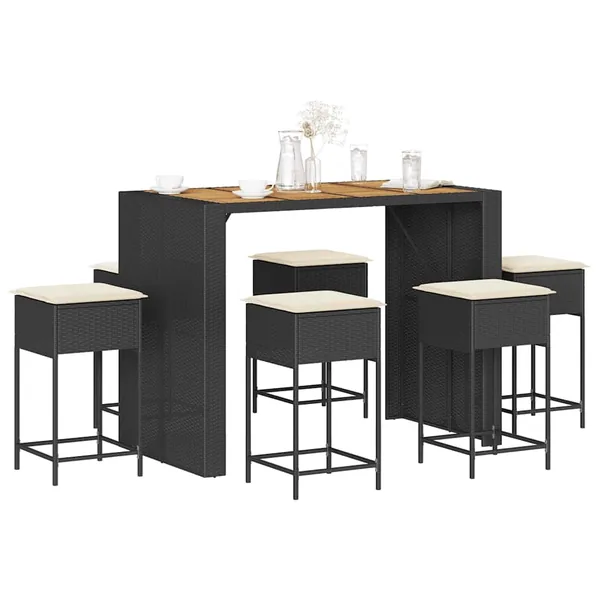 Ensemble de bar de jardin 7 pcs avec coussins noir poly rotin