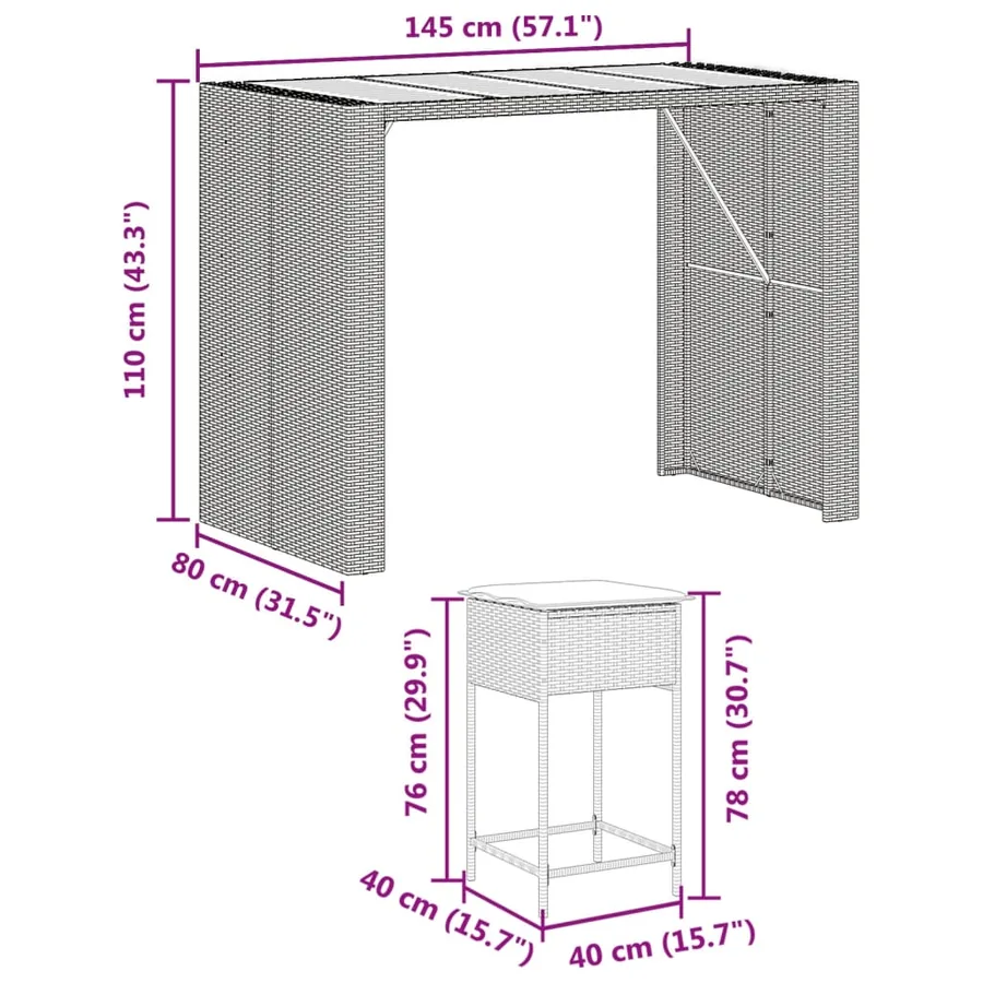 Ensemble de bar de jardin 7 pcs avec coussins noir poly rotin - 8