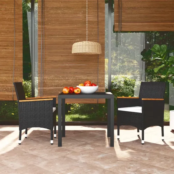 Ensemble à dîner de jardin avec coussins 3 pcs poly rotin noir