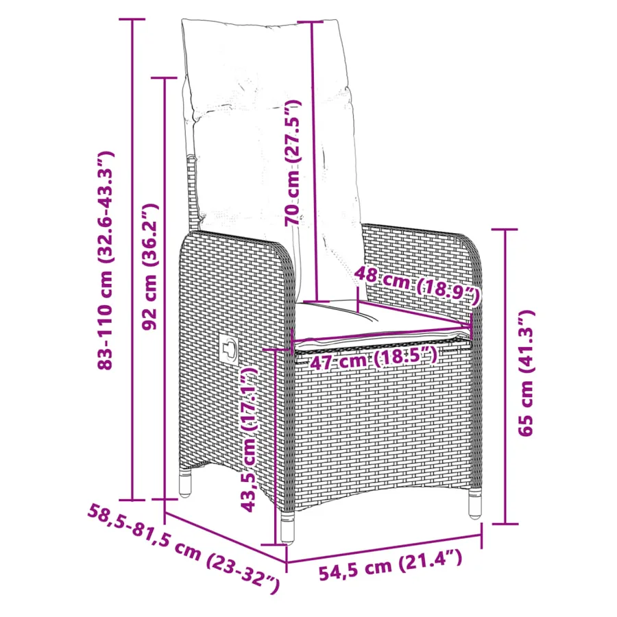 Chaises inclinables de jardin lot de 2 et coussins gris rotin - 9