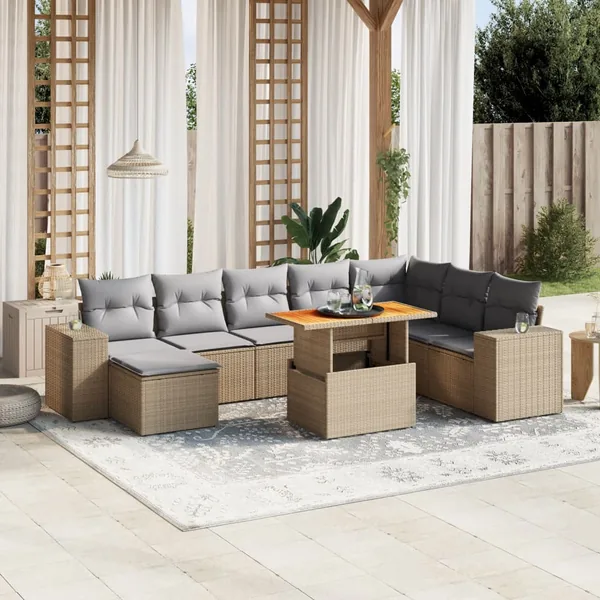 Salon de jardin avec coussins 9 pcs beige résine tressée