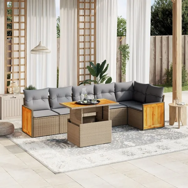 Salon de jardin avec coussins 7 pcs beige résine tressée