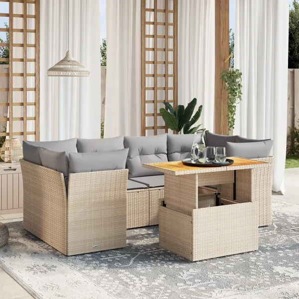 Salon de jardin avec coussins 7 pcs beige résine tressée