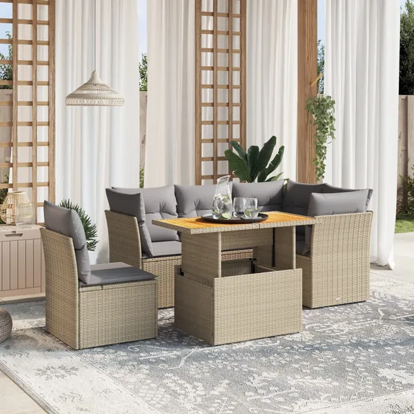 Salon de jardin avec coussins 5 pcs beige résine tressée