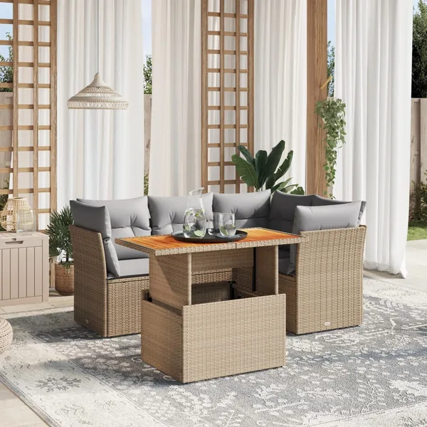 Salon de jardin avec coussins 5 pcs beige résine tressée