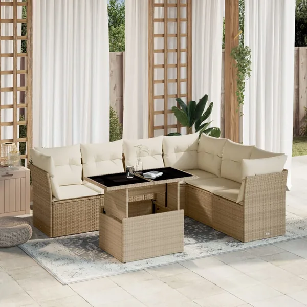 Salon de jardin avec coussins 7 pcs beige résine tressée