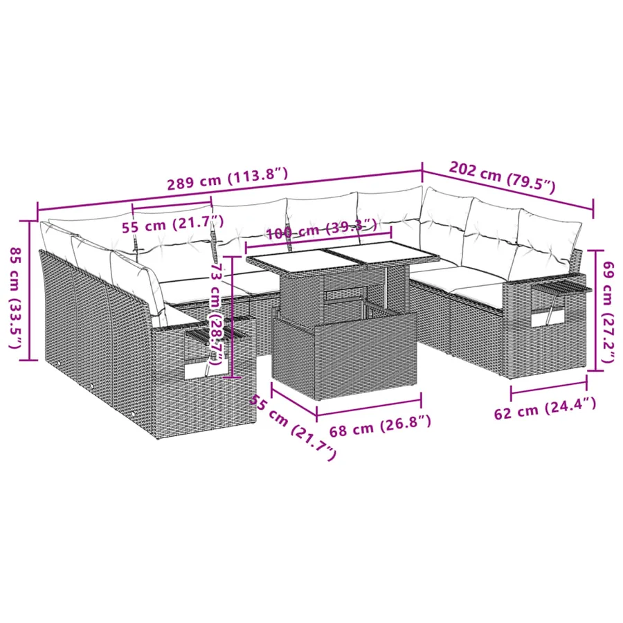 Salon de jardin avec coussins 10 pcs beige résine tressée - 11