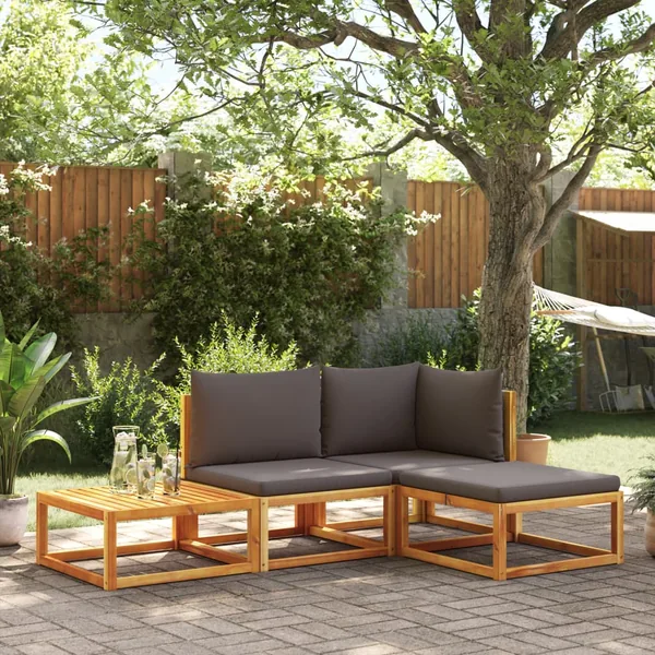 Ensemble de canapés de jardin 4 pièces avec coussins en bois d'acacia et rotin