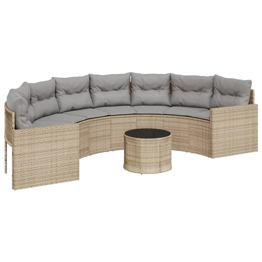 Canapé de jardin table coussins demi-rond beige résine tressée - 2