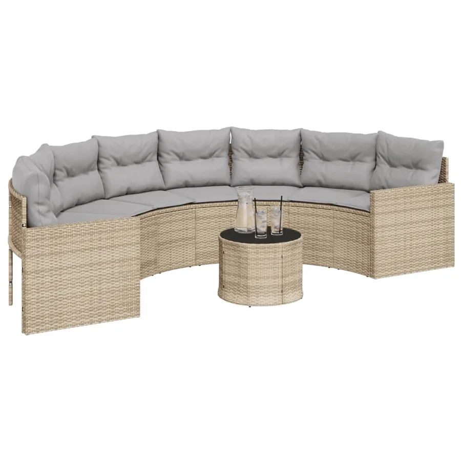 Canapé de jardin table coussins demi-rond beige résine tressée - 3