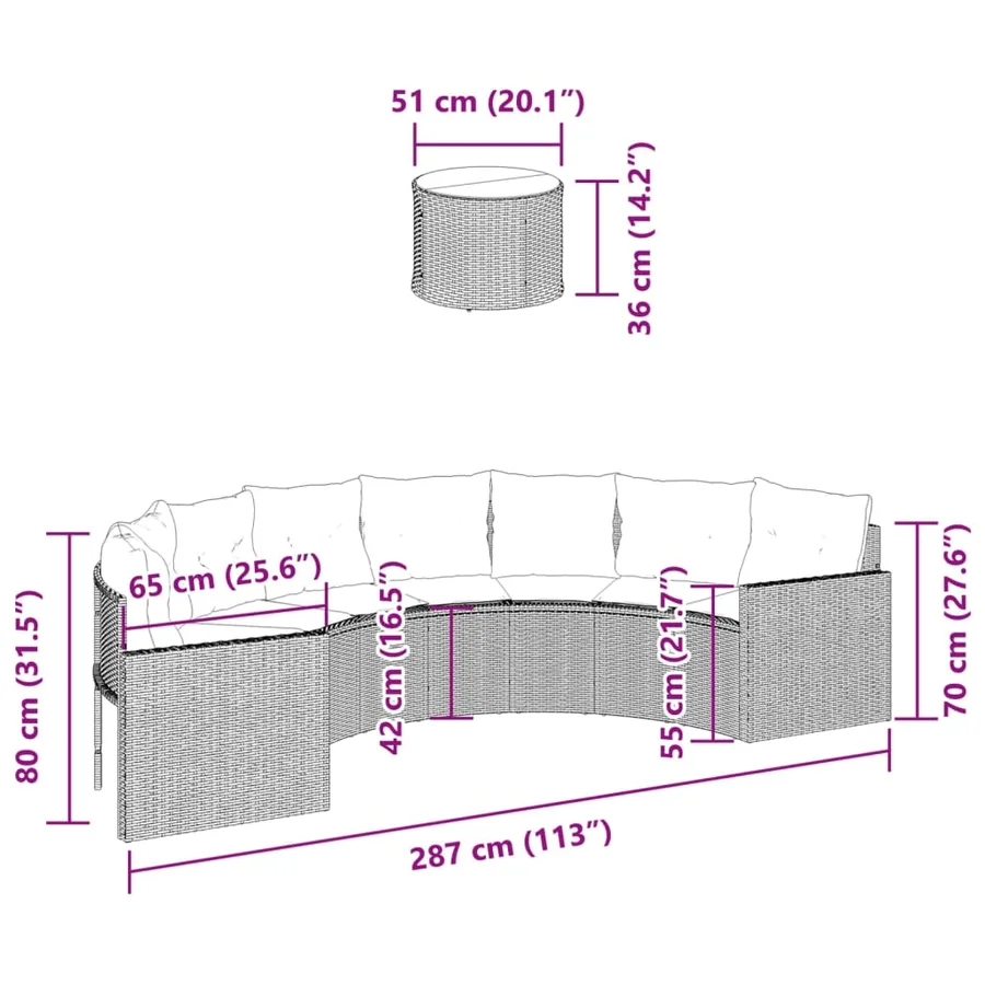 Canapé de jardin table coussins demi-rond beige résine tressée - 9