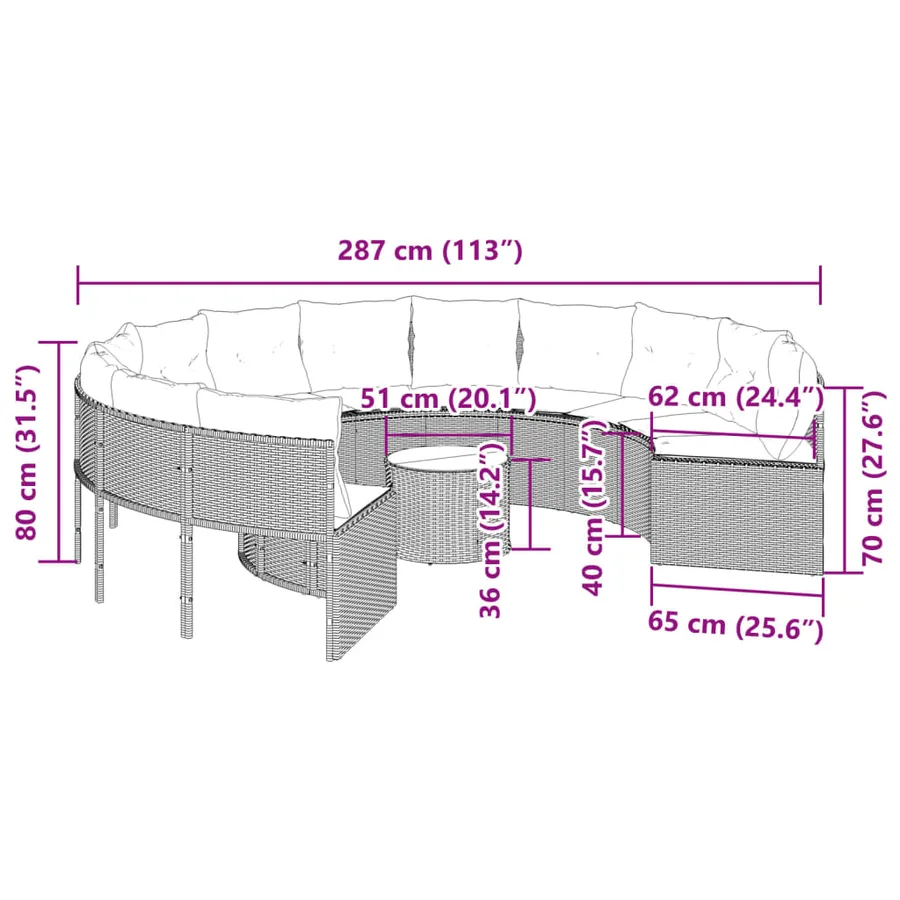 Canapé de jardin avec table coussins rond noir résine tressée - 12