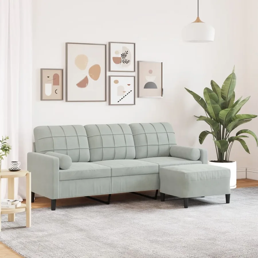 Canapé à 3 places avec repose-pieds Gris clair 180 cm Velours