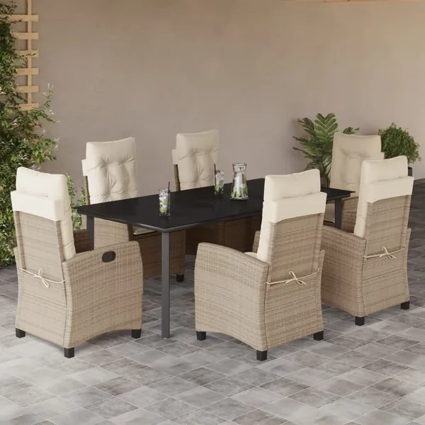 Ensemble à manger de jardin et coussins 7 pcs beige poly rotin