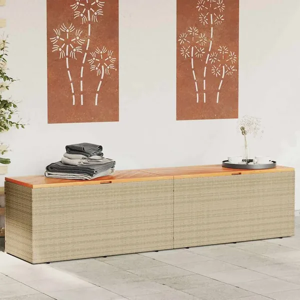 Boîte de rangement de jardin beige résine tressée bois d'acacia