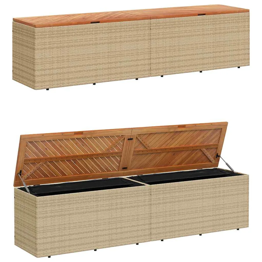 Boîte de rangement de jardin beige résine tressée bois d'acacia - 7