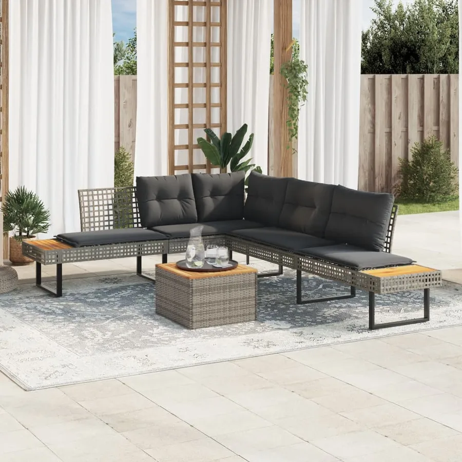 Salon de jardin avec coussins 5 pcs gris résine tressée acacia - 2
