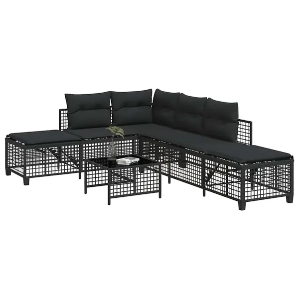 Salon de jardin d'angle 3 pcs avec coussins noir résine tressée