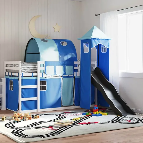 Lit superposé sans matelas avec toboggan et rideaux 90x200 cm
