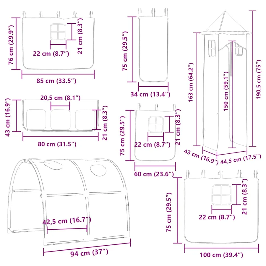 Lit superposé sans matelas avec toboggan et rideaux 80x200 cm - 17