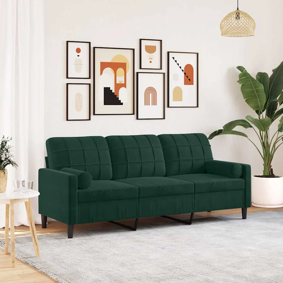 Canapé 3 places avec oreillers vert foncé 180 cm velours