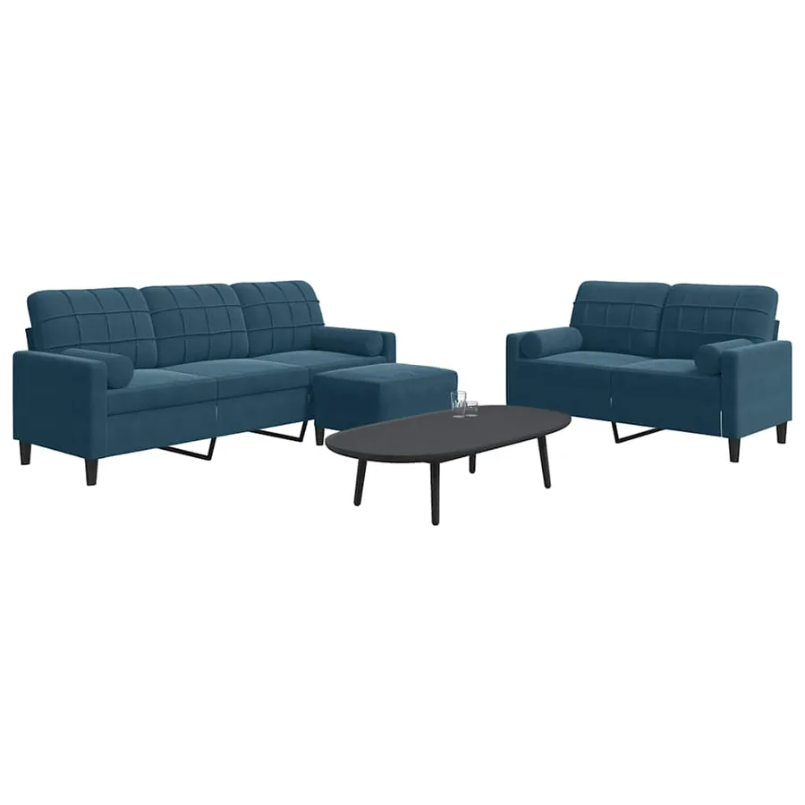 Ensemble de canapés 3pcs et coussins et traversins bleu velours