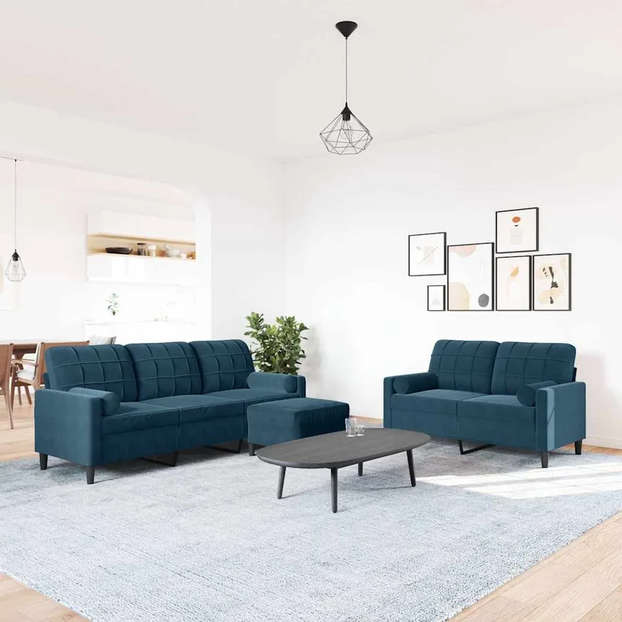 Ensemble de canapés 3pcs et coussins et traversins bleu velours - 3