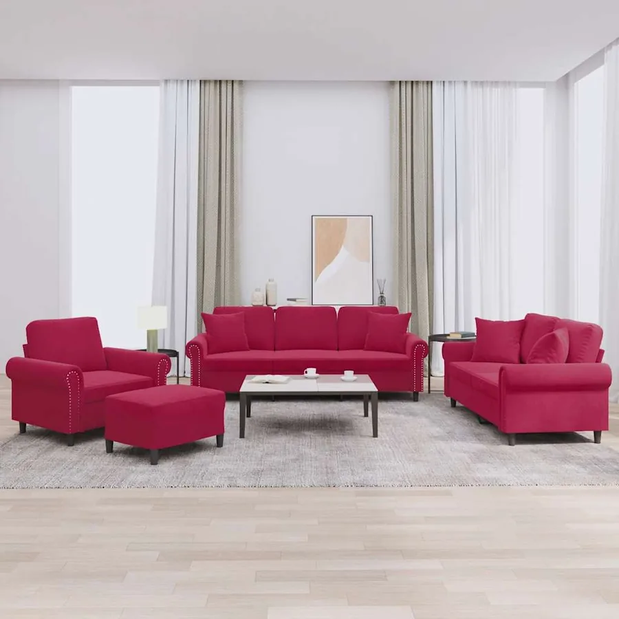 Ensemble de canapés 4 pcs avec coussins rouge bordeaux velours