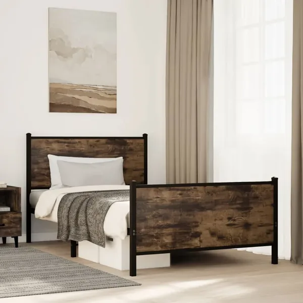 Cadre de lit en métal sans matelas chêne fumé 107x203 cm