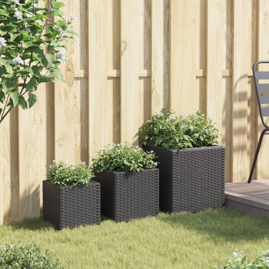 Jardinières d'extérieur 3 pcs noir résine tressée - 3