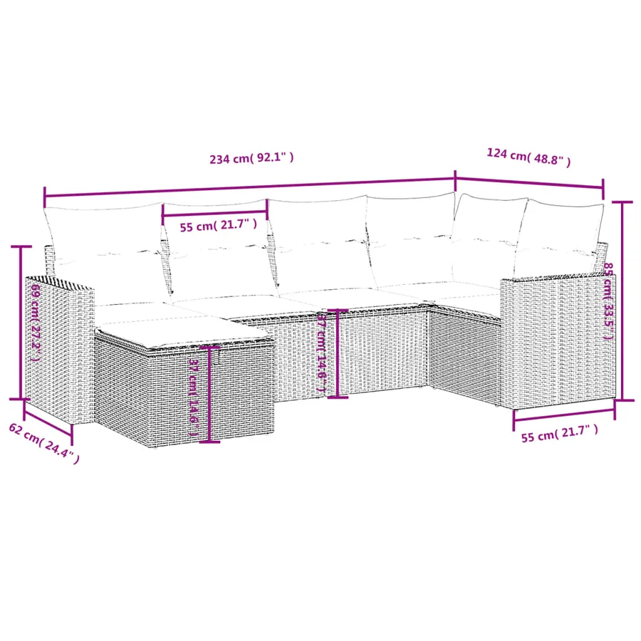 Salon de jardin 6 pcs avec coussins gris clair résine tressée - 4