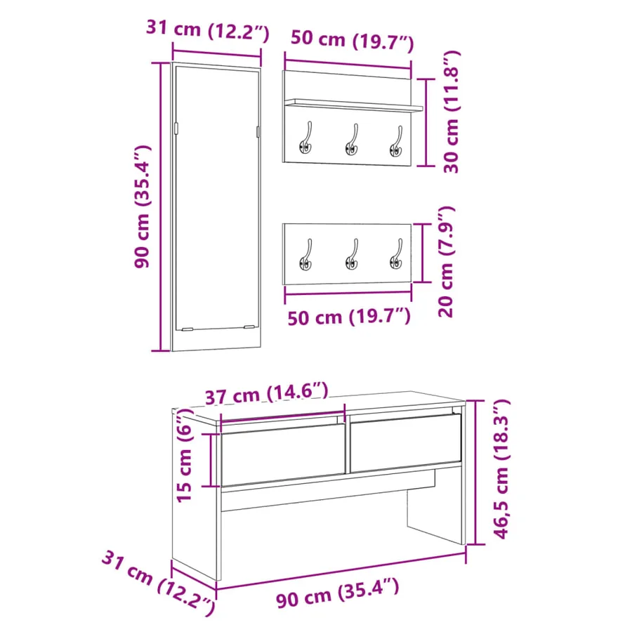 Ensemble de meubles de couloir 4 pcs noir bois d'ingénierie - 11