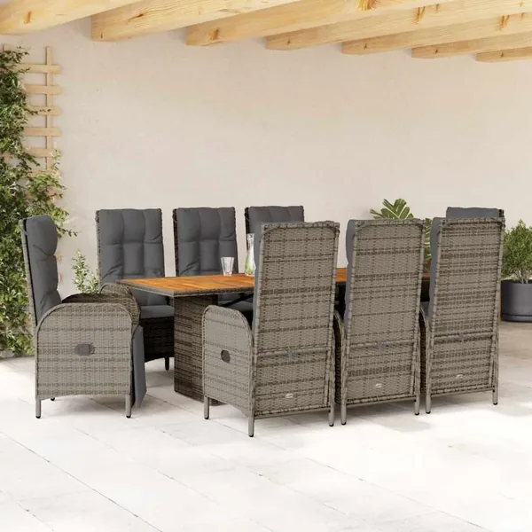 Ensemble à manger de jardin 9 pcs coussins gris résine tressée