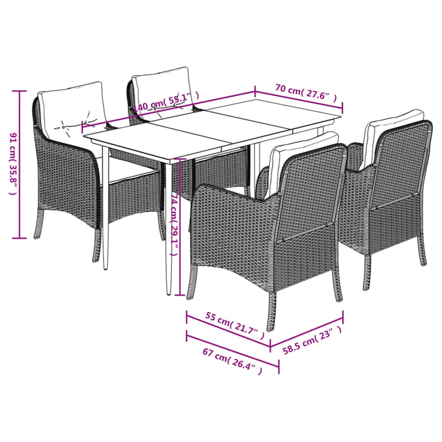Ensemble à manger de jardin coussins 5pcs Noir Résine tressée - 7