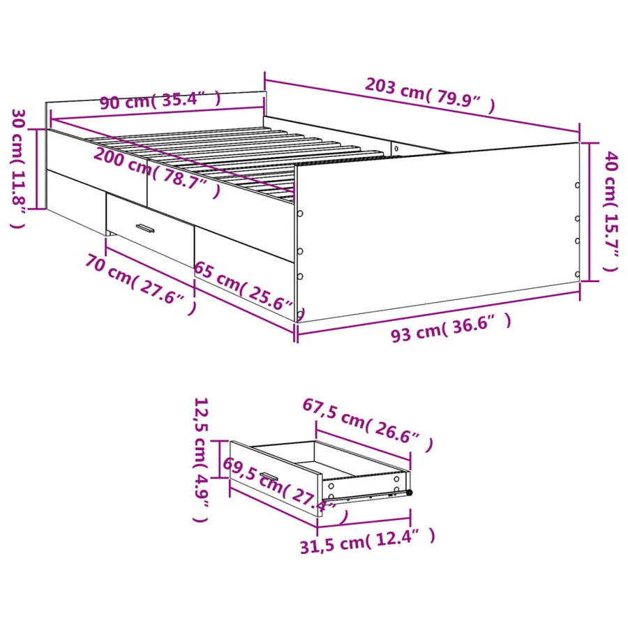 Cadre de lit avec tiroirs sans matelas chêne sonoma 90x200 cm - 11