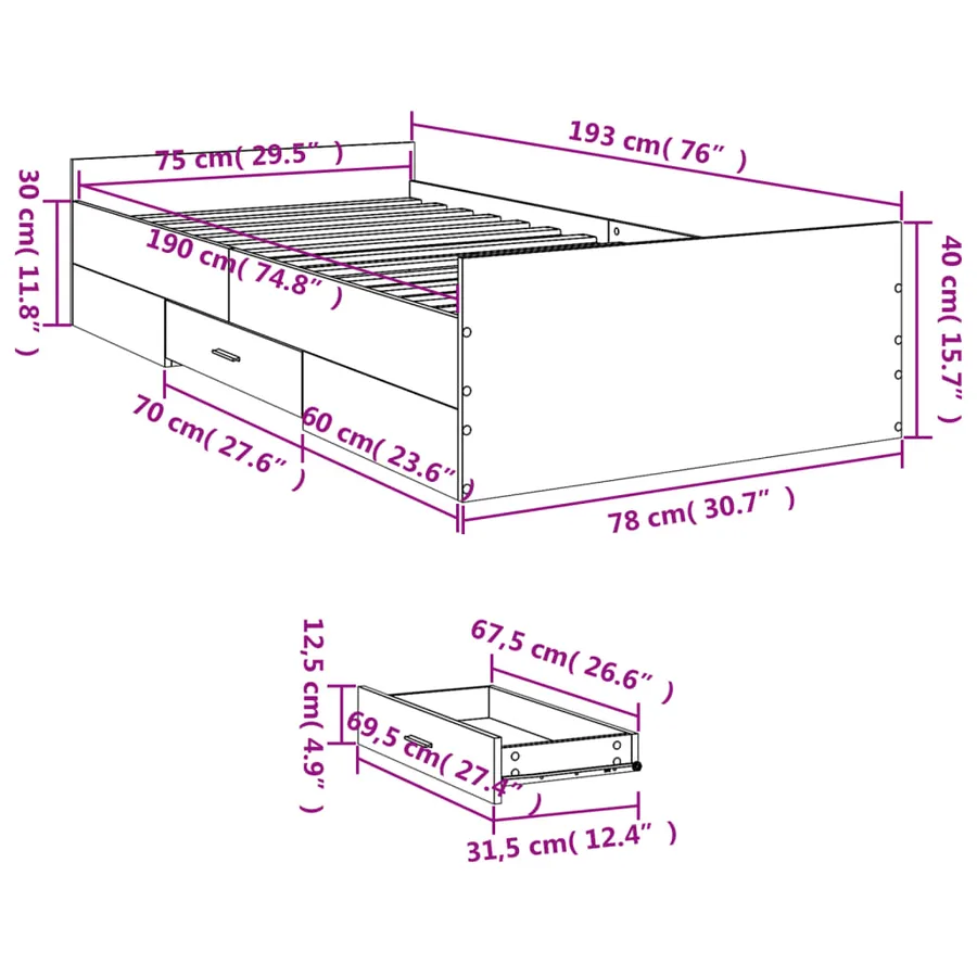 Cadre de lit avec tiroirs sans matelas blanc 75x190 cm - 11