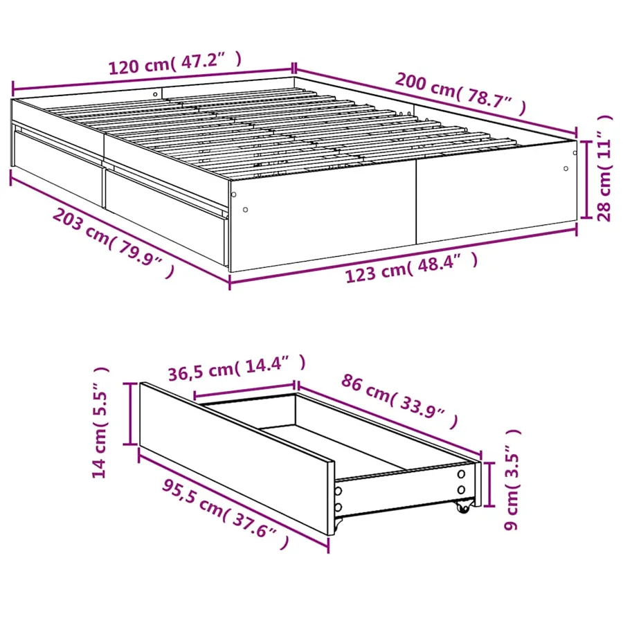 Cadre de lit avec tiroirs sans matelas chêne sonoma 120x200 cm - 10
